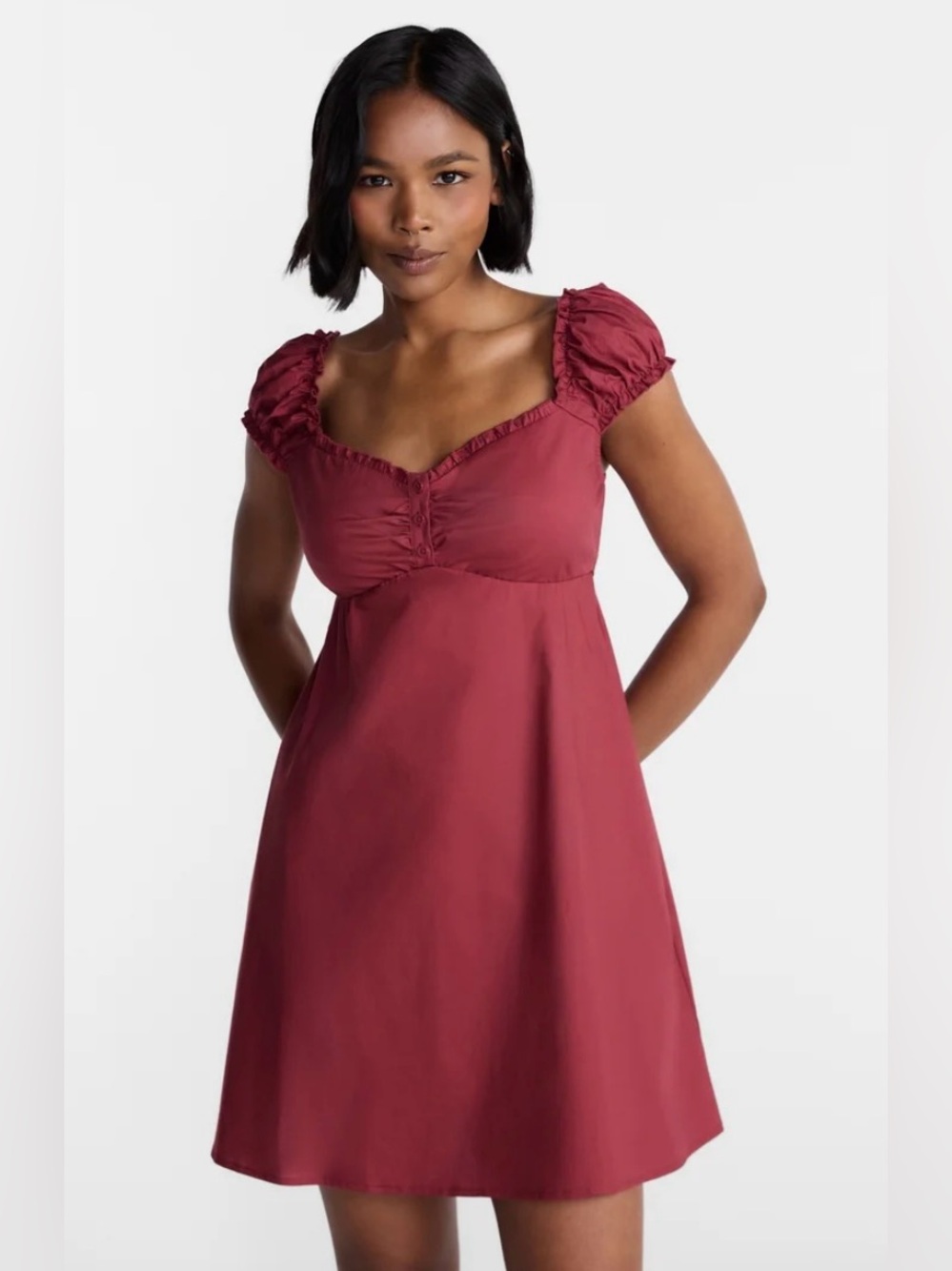 NWT No Boundaries Burgundy Ruched Sweetheart Mini Poplin Fit n flare Dress